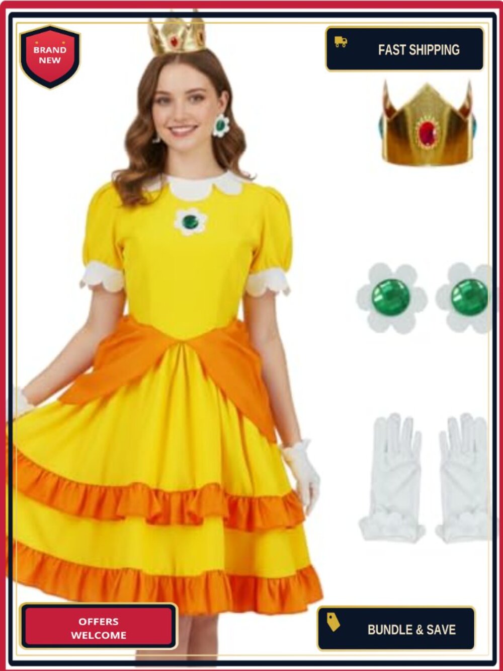 Adult Princess Cosplay Costume Dress Crown Earrings Gloves Set Halloween
